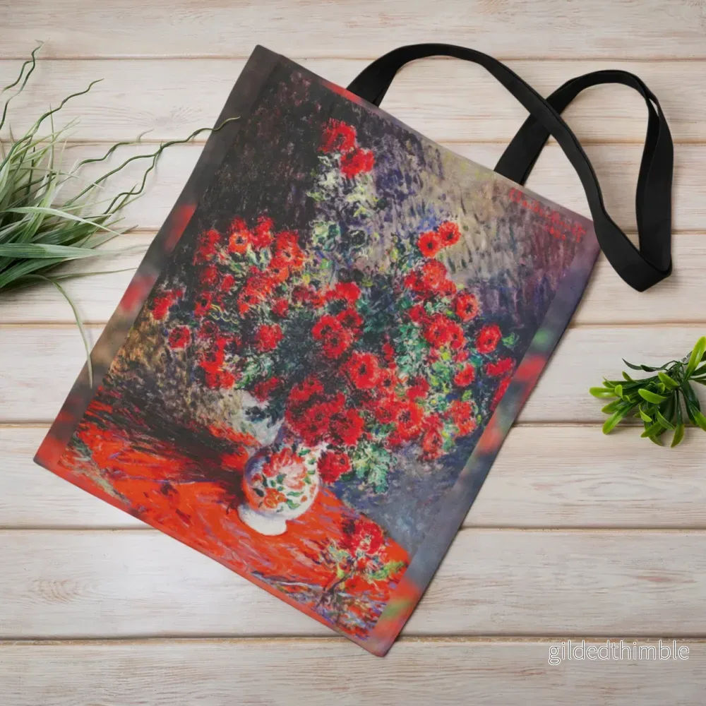 Lina vai kokvilnas auduma maisiņš «Red Chrysantemums» | Kolekcija «Claude Monet»