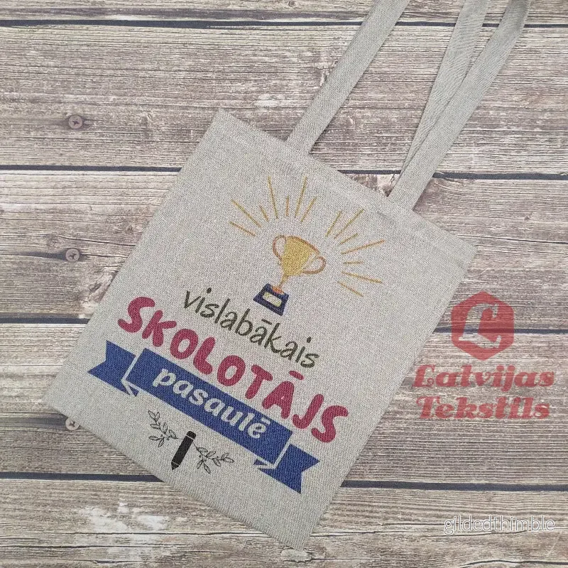 Pelēka lina auduma maisiņš «Vislabākais skolotājs pasaulē» | kolekcija «Māci.Mīli.Iedvesmo.» - Bild 3
