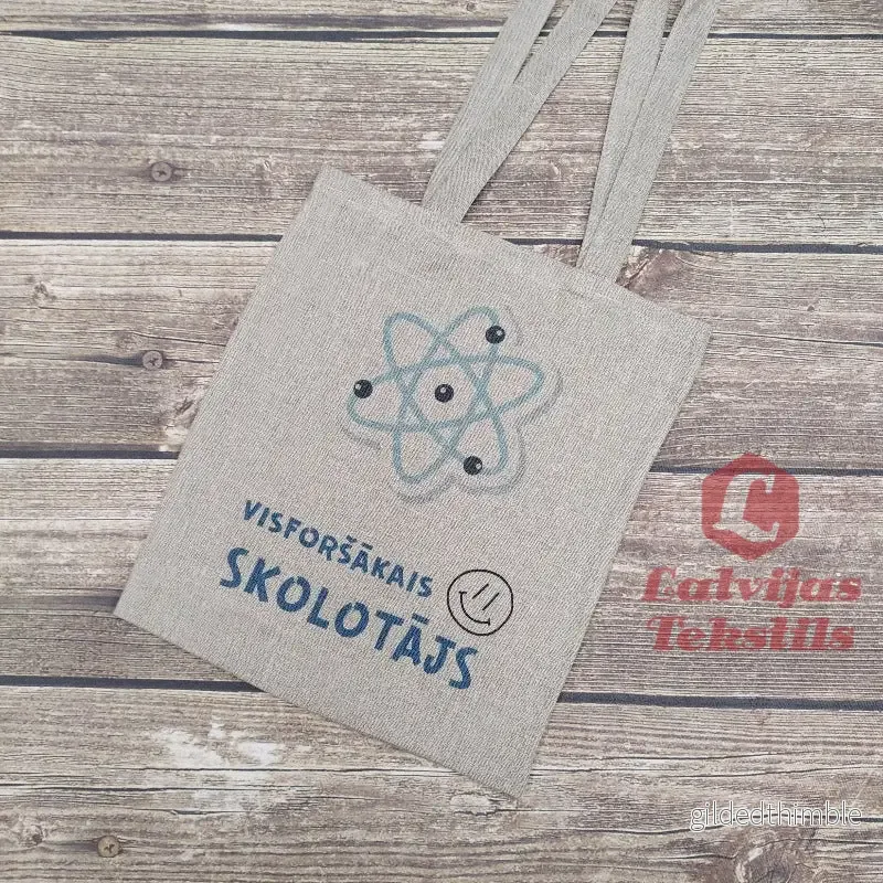 Pelēka lina auduma maisiņš «Visforšākais skolotājs - Atoms» | kolekcija «Māci.Mīli.Iedvesmo.» - Bild 2