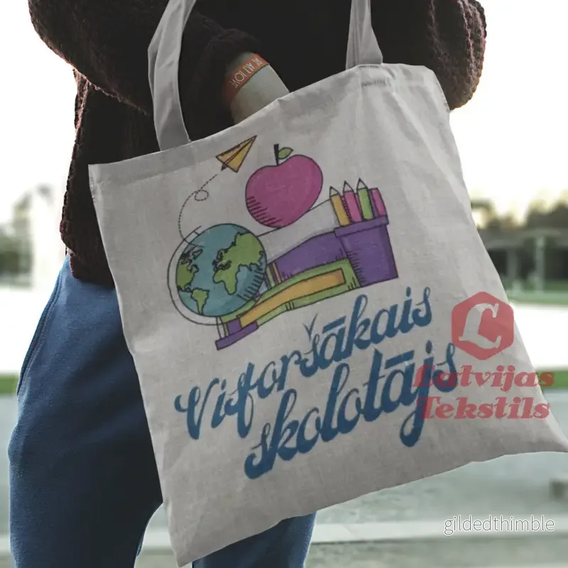 Pelēka lina auduma maisiņš «Visforšākais skolotājs» | kolekcija «Māci.Mīli.Iedvesmo.»