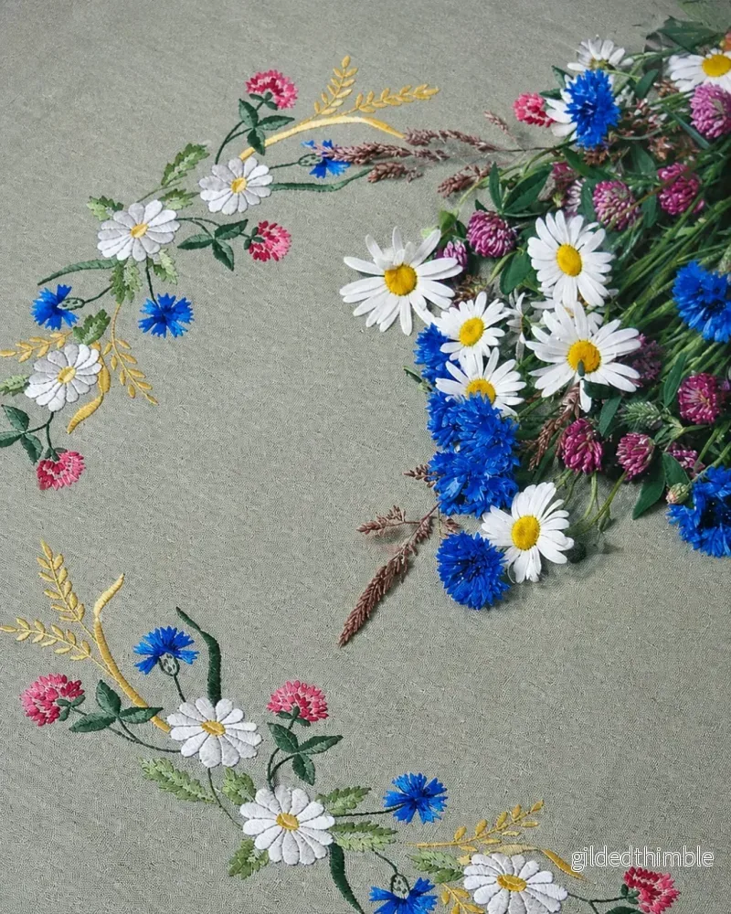Förtryckt grön duk sommarblommor 90x90cm