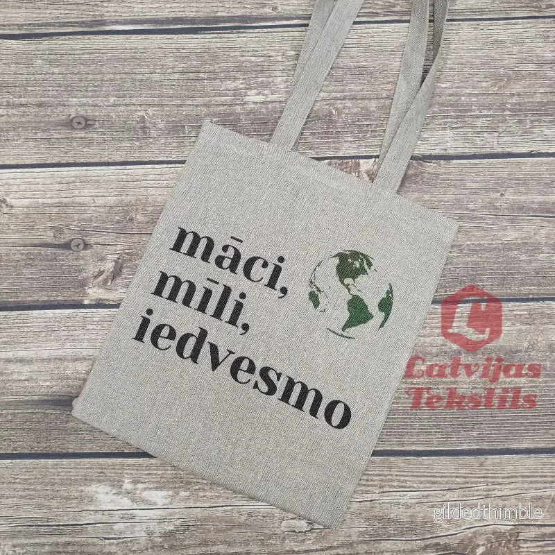 Pelēka lina auduma maisiņš «māci, mīli, iedvesmo» | kolekcija «Māci.Mīli.Iedvesmo.» - Bild 3