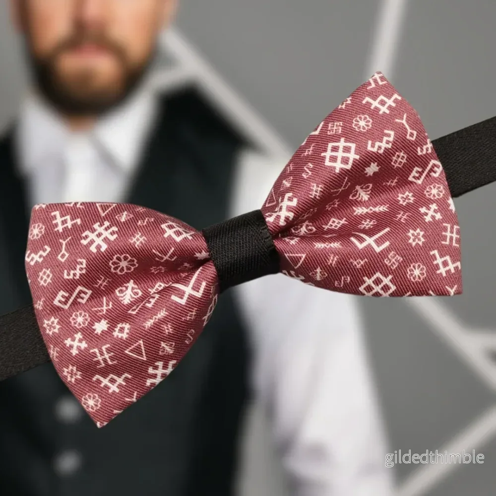 Vīriešu tauriņš | kolekcija «Etnogrāfiskās zīmes» | baltas zīmes uz bordo fona - Bild 2
